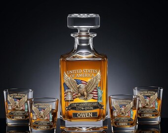 Personalized Whiskey Decanter Set with 4 Glasses, USA 250th Anniversary 1776 2026 Gift, 3D Rhinestone Effect American Eagle Bourbon Set