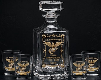 Personalized Whiskey Decanter Set, Custom Engraved Barware for Dad, Veteran Retirement Gift, Groomsmen Proposal, Husband Birthday, 4 Glasses