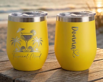 Wine Tumbler 12oz – Personalized Tropical Mood, Custom Name Laser Engraved Stainless Steel Beach Cocktail Cup