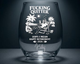 Personalized 15oz Wine Glass, Funny Retirement Gift 2026, Custom Name Laser Engraved Stemless Wine Glass for Women or Men