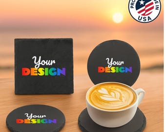 Slate Coasters Set of 6 – Personalized Laser Engraved or UV Printed, Custom Name Barware Gift
