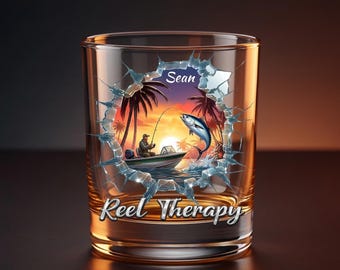 Personalized Fishing Whiskey Glass for Dad, Custom Fisherman Gift for Him, Father's Day Birthday Present, Old Fashioned Bourbon Glass