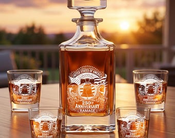 Personalized Whiskey Decanter Set with 4 Glasses, Laser Engraved USA 250th Anniversary Gift, Custom Name Liberty Bell Bourbon Set