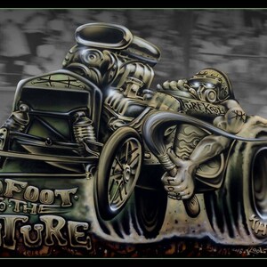 May include: A green and black custom-painted hot rod with a large engine and a driver in a helmet. The car is on a dirt track and the text "Leadfoot - It to the Future" is on the front of the car. The text "Gettin' After It" is on the side of the car.