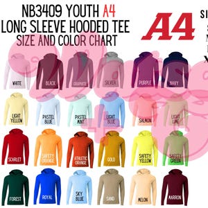 May include: A size and colour chart for a youth long sleeve hooded tee. The tee is available in various colours, including white, black, and navy. Sizes range from S to XL, with widths from 39.4 cm to 47 cm and lengths from 58.4 cm to 66 cm.