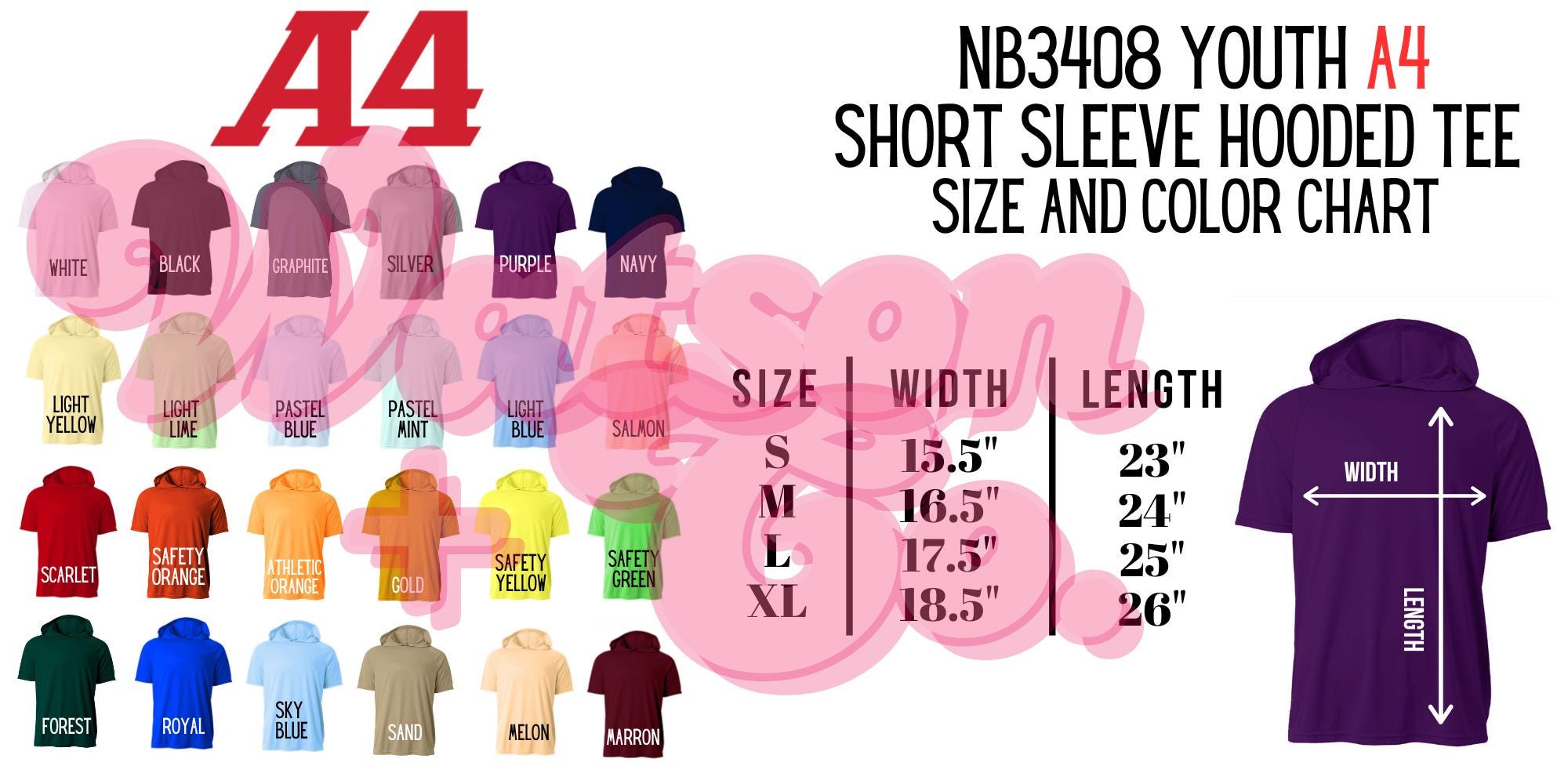 Color and Size Chart | A4 Youth Short Sleeve Hooded Tee | Style