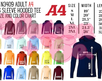 Color and Size Chart | A4 Adult Dry Fit Long Sleeve Hooded Tee | Style N3409 (Digital Downloads)