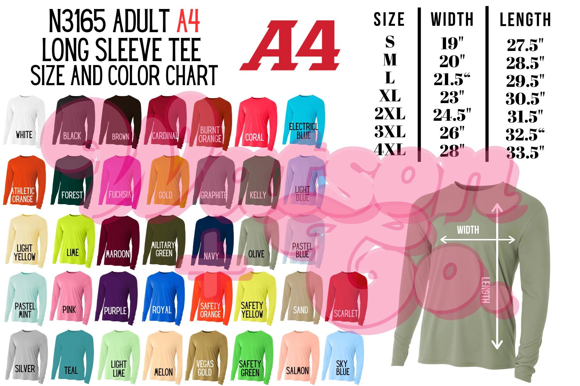 Color and Size Chart | A4 Adult Dry Fit Long Sleeve Tee | Style