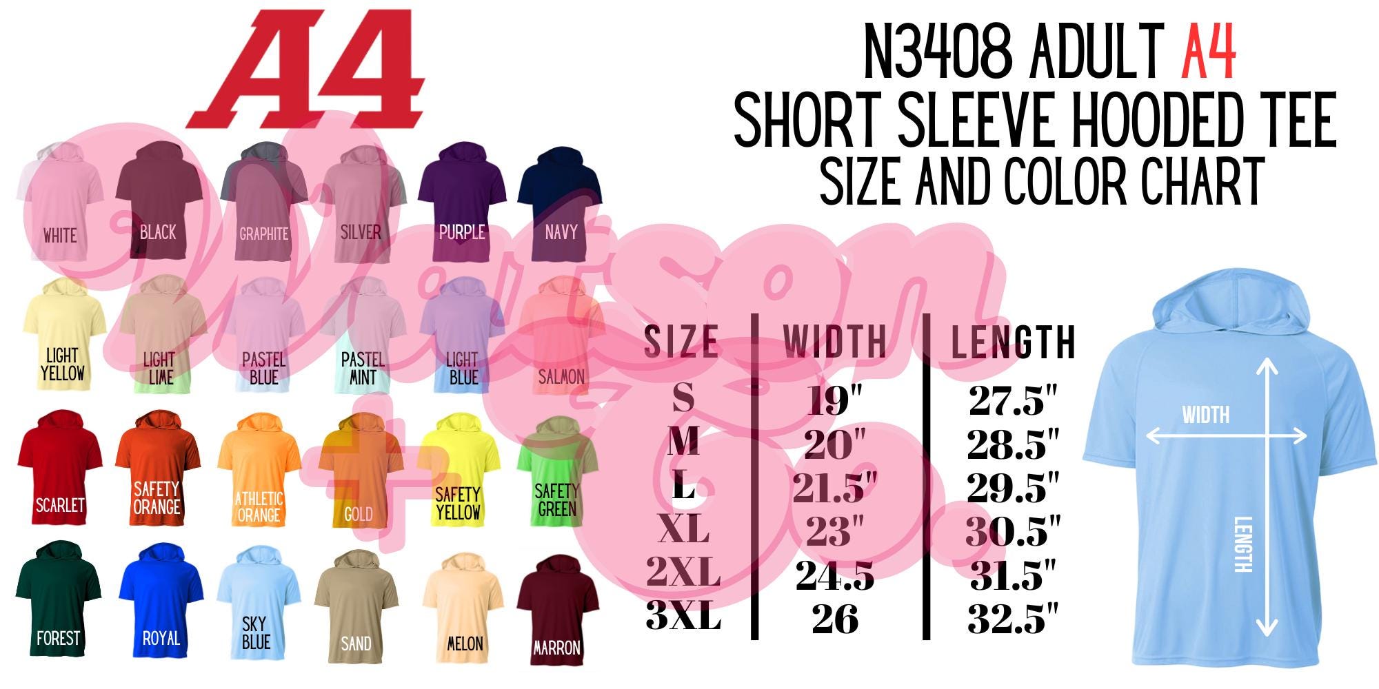 Color and Size Chart | A4 Adult Dry Fit Short Sleeve Hooded Tee
