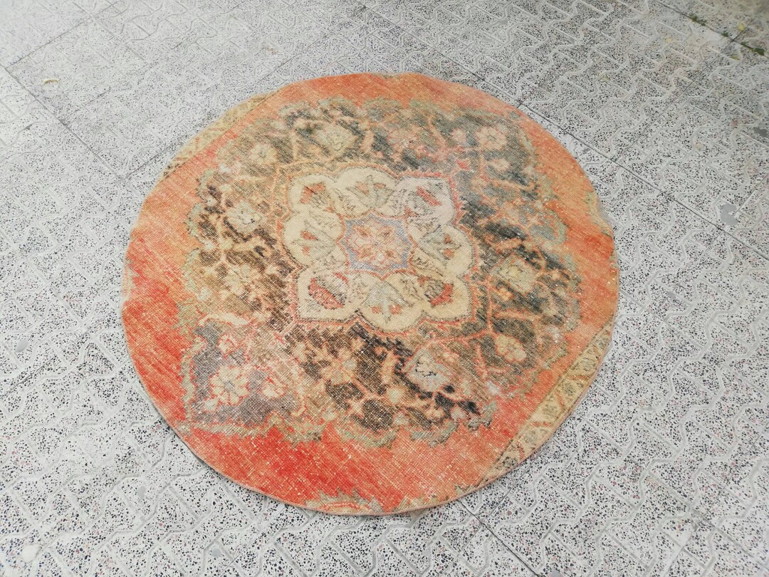 Vintage Round Rug,circle Rug,round Rug,faded Rug,low Pile Pattern Rug