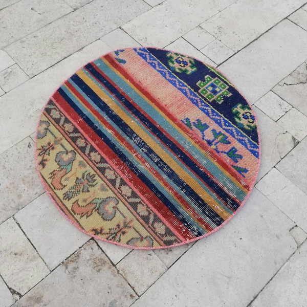 Patchwork oushak tapis rond, tapis oushak, tapis de table, tapis décoratif, tapis vintage, tapis de paillasson, tapis turc, tapis circulaire oushak, tapis de sol, tapis de salle de bain