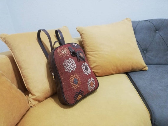 Vintage kilim backpack,leather bag,oushak backpac… - image 3
