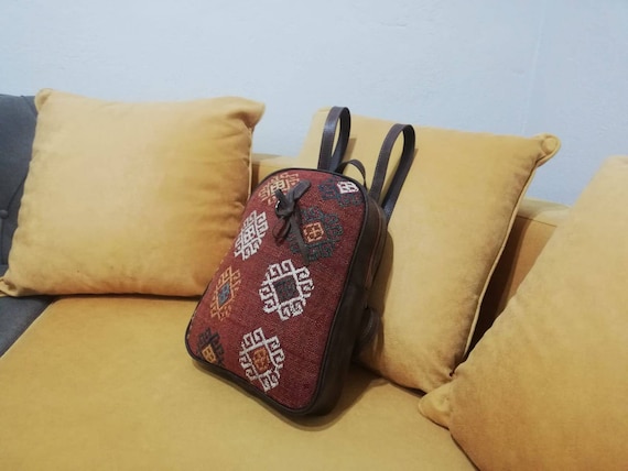 Vintage kilim backpack,leather bag,oushak backpac… - image 1