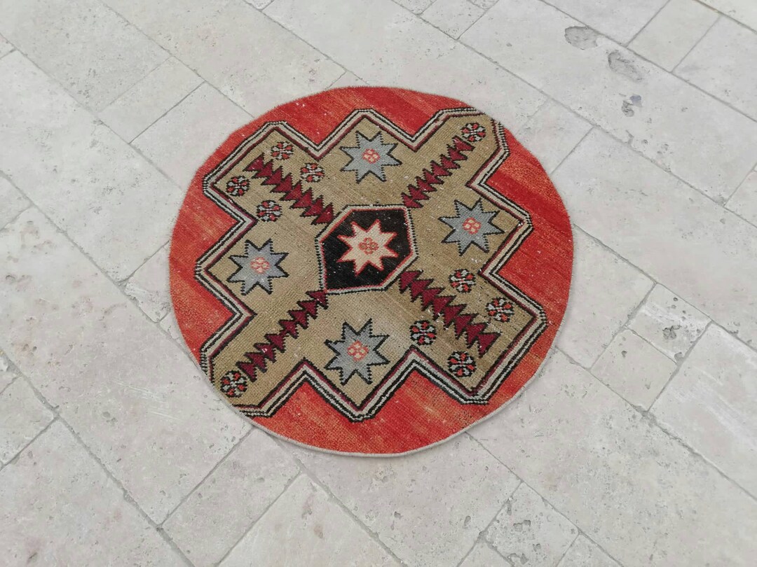Vintage Circle Rug,geometrik Rug,round Rug,faded Rug,low Pile Pattern ...