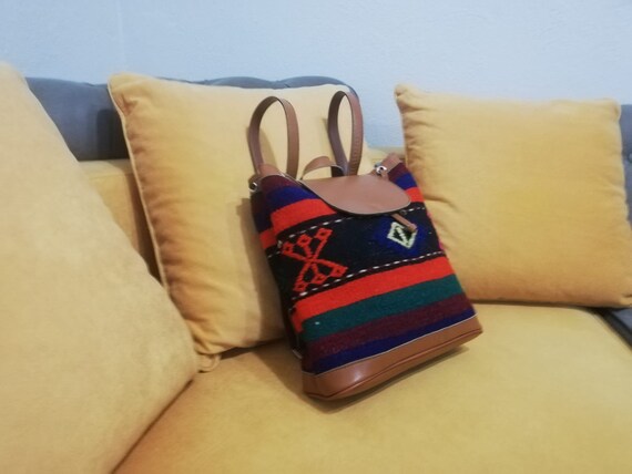 Vintage kilim backpack,leather bag,oushak backpac… - image 3