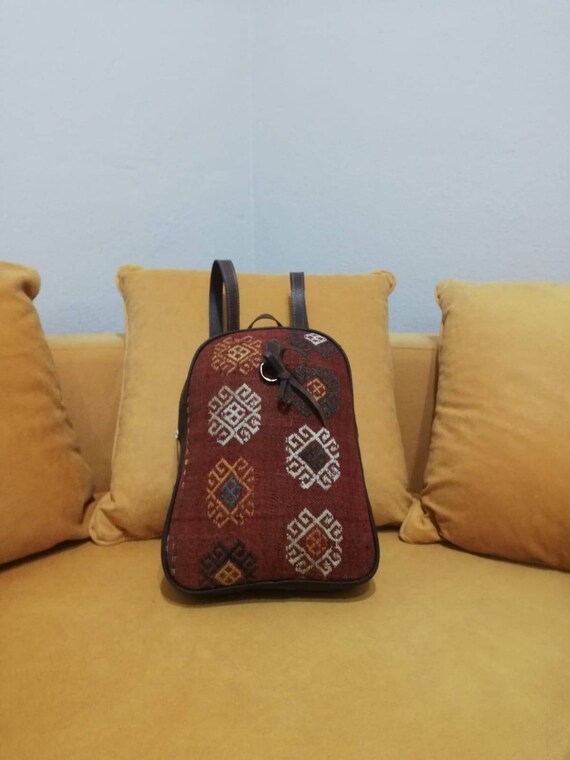 Vintage kilim backpack,leather bag,oushak backpac… - image 2