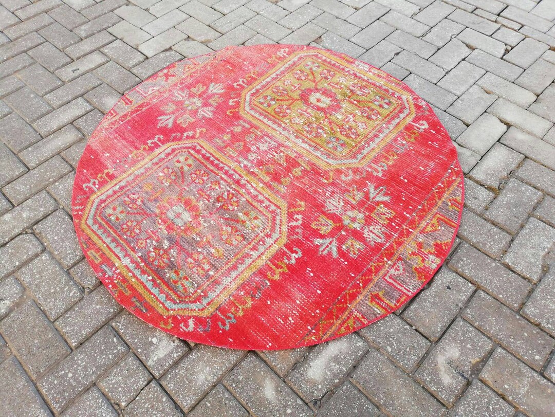 Vintage Circle Rug,geometrik Rug,round Rug,faded Rug,low Pile Pattern ...