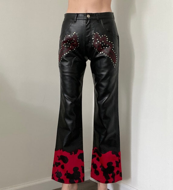 Red cow print faux leather western style wranglers