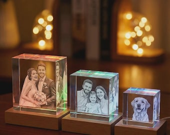 Fotokryształ 3D – personalizowana, grawerowana laserowo szklana pamiątka K9 z podstawą LED