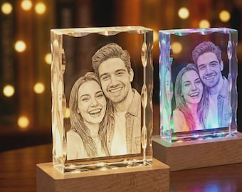 Foto de cristal 3D personalizada con base de luz: Regalo personalizado grabado con láser Rectángulo con muescas