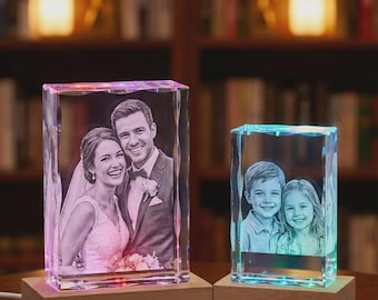 Gepersonaliseerde 3D-kristalfoto met lichtvoet: aangepaste lasergegraveerde rechthoek met inkeping als cadeau