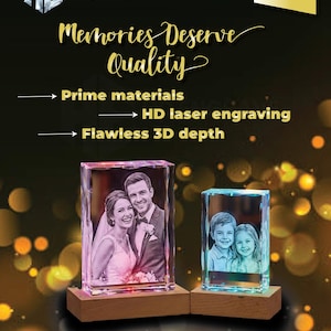 May include: Two illuminated crystal photo blocks on wooden bases. One features a wedding photo, the other a photo of two children. The image includes the text "HD ENGRAVE 3D Crystal Artistry" and "Memories Deserve Quality".
