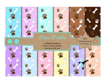 May include: Twelve digital papers with paw prints and bone patterns in various colors, including blue, pink, yellow, brown, and purple. The papers are 3600 x 3600 pixels and 300 dpi. The text "Paw Prints" is displayed on a brown label. The text "Plus Transparent Overlay" is displayed on a brown star.
