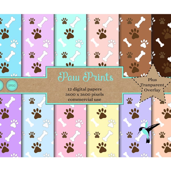 Digital paper pack - Paw Prints and Dog Bones . Animal Prints . Instant Download. Printable, for personal and small commercial use.