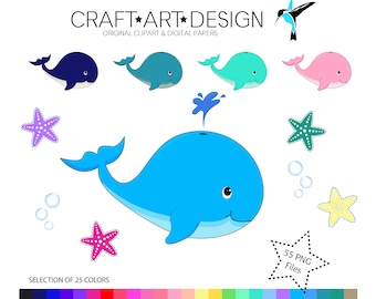 Whale Clipart Set – Starfish and Bubble Graphics (55 PNG Files)