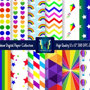 Regenbogen digitalpapier Sammlung: bunte Regenbogen-Muster. Helle Pastell digitale Regenbogen Clipart Polka Dots Herz Stern Würfel Chevron.