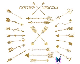 Gold Tribal Arrows - Gold Arrow Clipart - Glitter Arrow Clipart - Golden Glitter Clip Art - Hand Drawn - Instant Download
