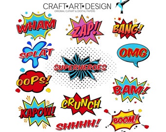 Comic Text Digital Clipart. Superhero Text Clipart. Pop Art Text, Comic Speech Clipart, Speech Bubbles Clipart, Digital Comic Text.