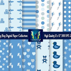 Baby Boy Digital Paper Collection: Light Blue with patterns, stars, hearts, teddy bear, duck, aircraft, kite and polka dots. Baby Paper.