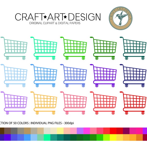 Shopping Cart Clipart - 50 Rainbow Shopping Cart Clip art - Grocery Shop Trolley Clipart - Planner Stickers - Commercial Use