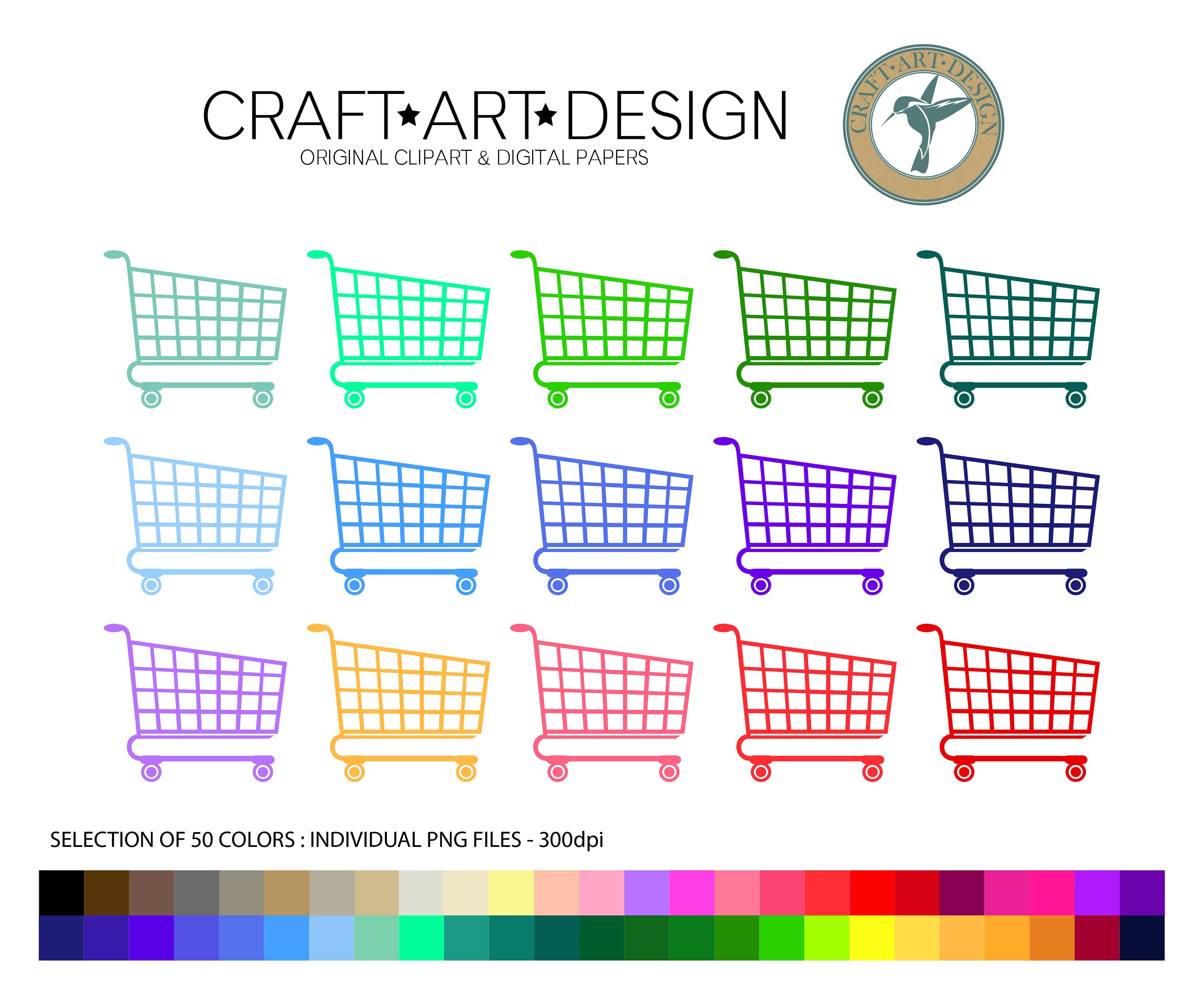 Shopping Cart Clipart - 50 Rainbow Shopping Cart Clip art - Grocery Shop Trolley Clipart - Planner Stickers - Commercial Use