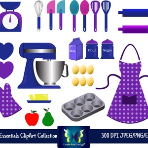 Baking Clipart Elements - Bakery essentials clip art , cooking clipart, mixer, apron, cook, flour, eggs, instant download, digital.