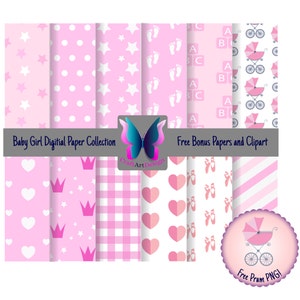 Baby Girl; Digital Paper Collection:  with patterns, stars, hearts, Ballet, pram, crown, baby feet and polka dots. Baby Paper.