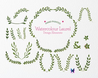 Watercolor Laurel Wreath Clipart, Floral Design Elements (Digital Download)
