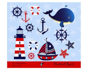 Nautical Clipart Clip Art, Anchor Clipart, Whale Clipart, Sailing Ocean Lighthouse Sailboat - Instant Download