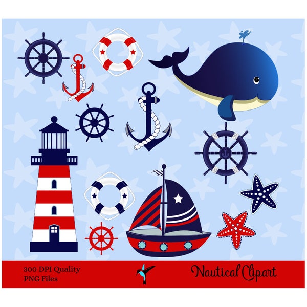 Nautical Clipart Clip Art, Anchor Clipart, Whale Clipart, Sailing Ocean Lighthouse Sailboat - Instant Download