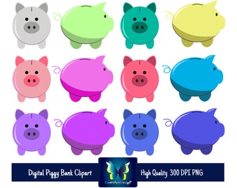 Piggy Bank Digital Clipart. Instant Download. Multiple Colors. For Personal & Commercial Use