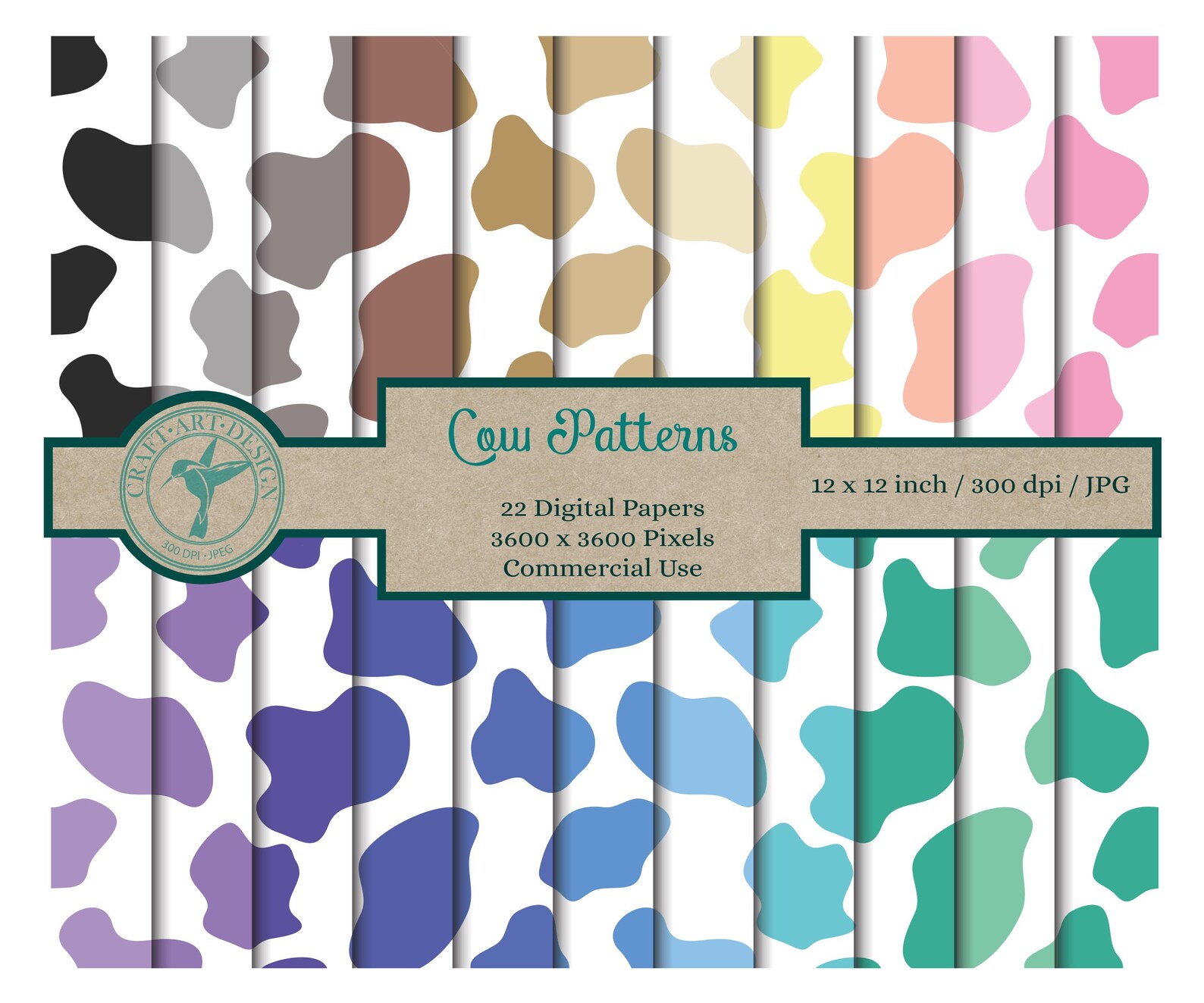 Seamless Cow Print Digital Paper Pack – Colorful Patterns (commercial ...