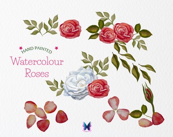 May include: Hand painted watercolor roses in shades of red and white with green leaves. The text "Hand Painted Watercolor Roses" is written in a white circle with a red star on each side.