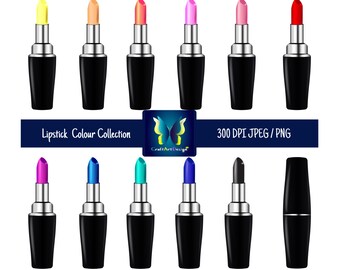 May include: A collection of 12 lipstick tubes in various colors, including yellow, orange, red, pink, blue, green, and black. The tubes are all black with silver caps. The image includes the text "Lipstick Colour Collection" and "300 DPI JPEG / PNG".