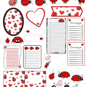 Puede incluir: Colección de pegatinas y elementos de papelería con temática de mariquitas rojas y negras. Incluye ilustraciones de mariquitas, marcos de corazón y ovalados, plantillas de listas y fondos estampados. El texto "Don't forget!" es visible.