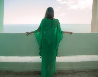 Green Maxi Dress, BOHO maxi dress, beach cover-up swim cover up, one size fits all chiffon maxi dress
