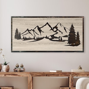 Mountain Art | Mountain Trees Carved Wood Wall Art Home Decor | Landscape Nature Scene | Gift Idea | Living Room Kitchen Bedroom Decor
