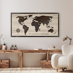 World map wall art - Wood wall art - Push pin map of world - Carved wooden map - 5th anniversary gift for husband or wife