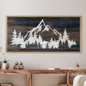 Mountain wall art - Cabin art - Nature and tree art - Mountain picture - Lightweight and easy to hang - Framed wood art - Gift idea
