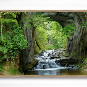 Majestic waterfall in the mountains wall art - Framed canvas print - High definition matte photo print - Waterfall cave mountain picture